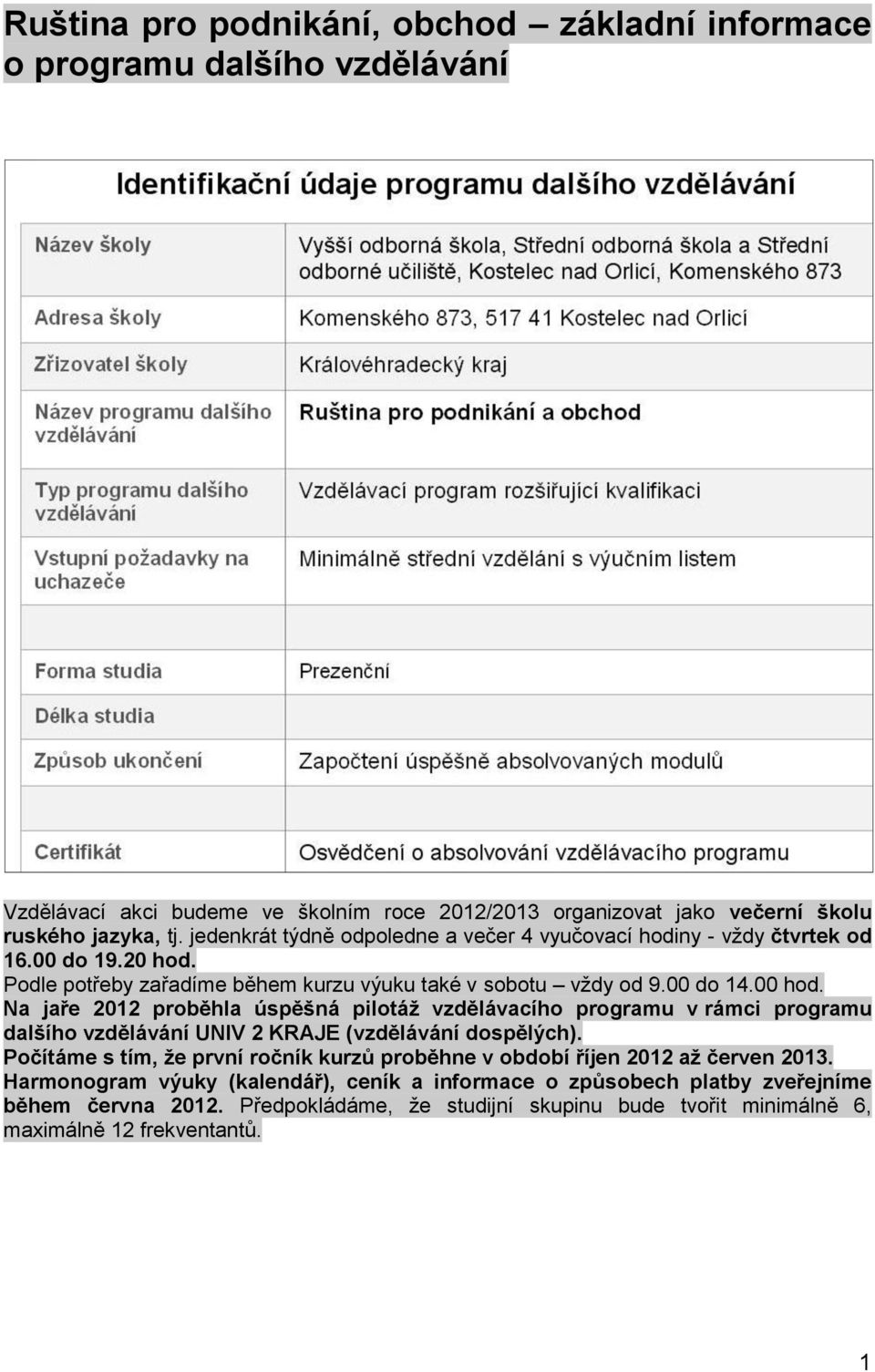 Na jaře 2012 proběhla úspěšná pilotáž vzdělávacího programu v rámci programu dalšího vzdělávání UNIV 2 KRAJE (vzdělávání dospělých).