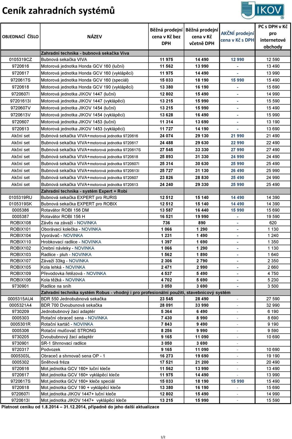 GCV 190 (vyklápěcí) 13 380 16 190-15 690 9720607I Motorová jednotka JIKOV 1447 (luční) 12 802 15 490-14 990 97201613I Motorová jednotka JIKOV 1447 (vyklápěcí) 13 215 15 990-15 590 9720607V Motorová