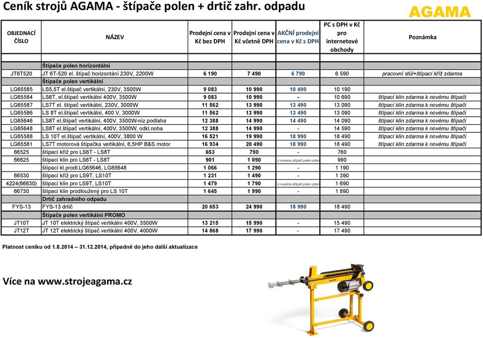 štípač vertikální, 230V, 3500W 9083 10990 10490 10 190 LG65584 LS6T, el.štípač vertikální 400V, 3500W 9083 10990-10 690 štípací klín zdarma k novému štípači LG65587 LS7T el.