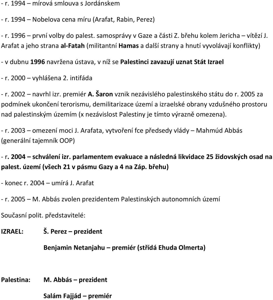 intifáda - r. 2002 navrhl izr. premiér A. Šaron vznik nezávislého palestinského státu do r.