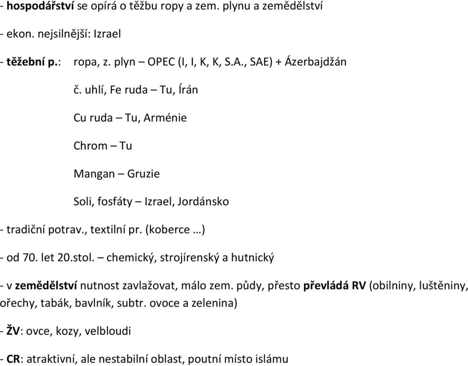 , textilní pr. (koberce ) - od 70. let 20.stol. chemický, strojírenský a hutnický - v zemědělství nutnost zavlažovat, málo zem.