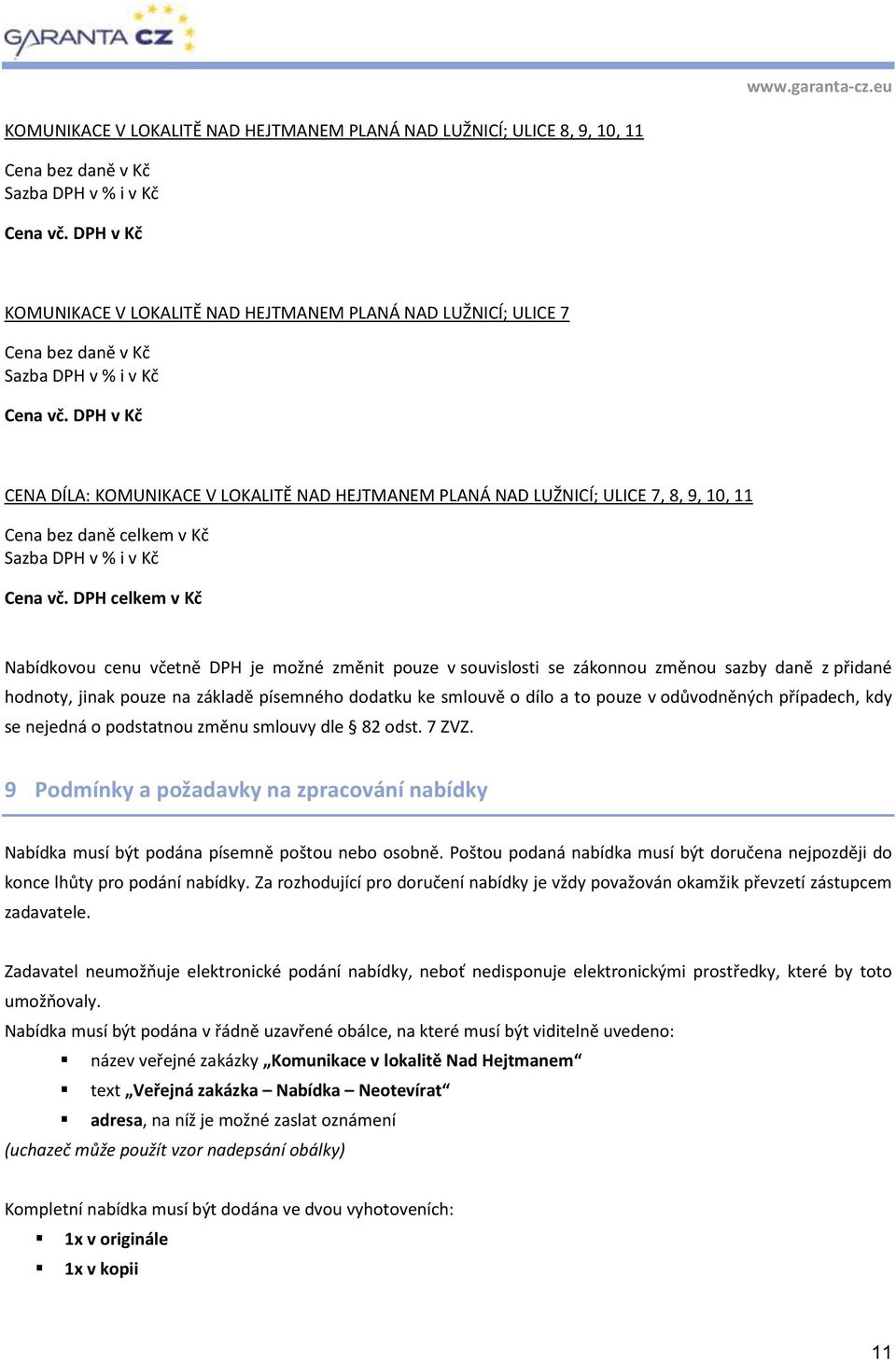 DPH v Kč CENA DÍLA: KOMUNIKACE V LOKALITĚ NAD HEJTMANEM PLANÁ NAD LUŽNICÍ; ULICE 7, 8, 9, 10, 11 Cena bez daně celkem v Kč Sazba DPH v % i v Kč Cena vč.