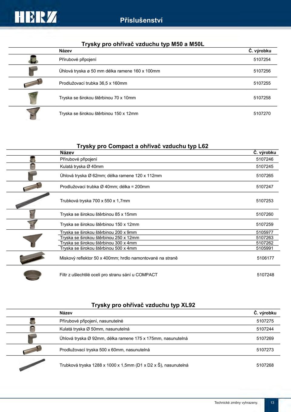 štěrbinou 150 x 12mm 5107270 Trysky pro Compact a ohřívač vzduchu typ L62 Název Č.