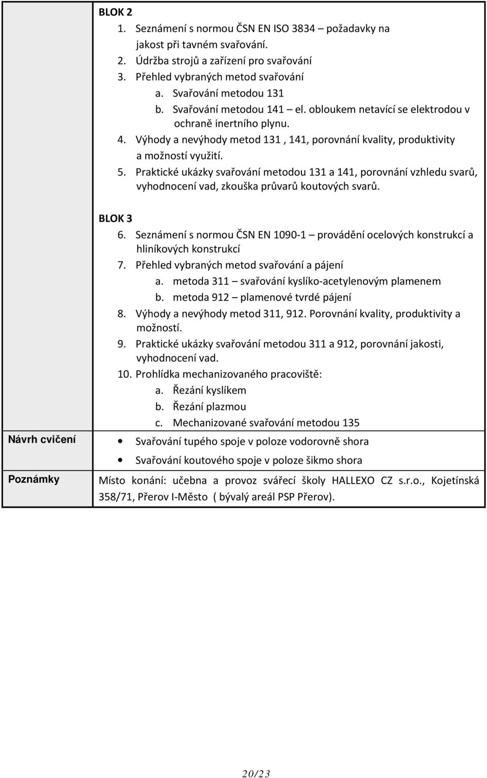 Praktické ukázky svařování metodou 131 a 141, porovnání vzhledu svarů, vyhodnocení vad, zkouška průvarů koutových svarů. BLOK 3 6.