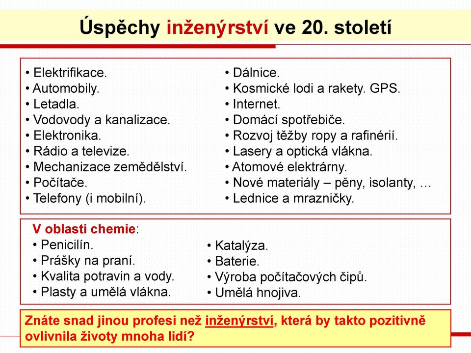 Kosmické lodi a rakety. GPS. Internet. Domácí spotřebiče. Rozvoj těžby ropy a rafinérií. Lasery a optická vlákna. Atomové elektrárny.