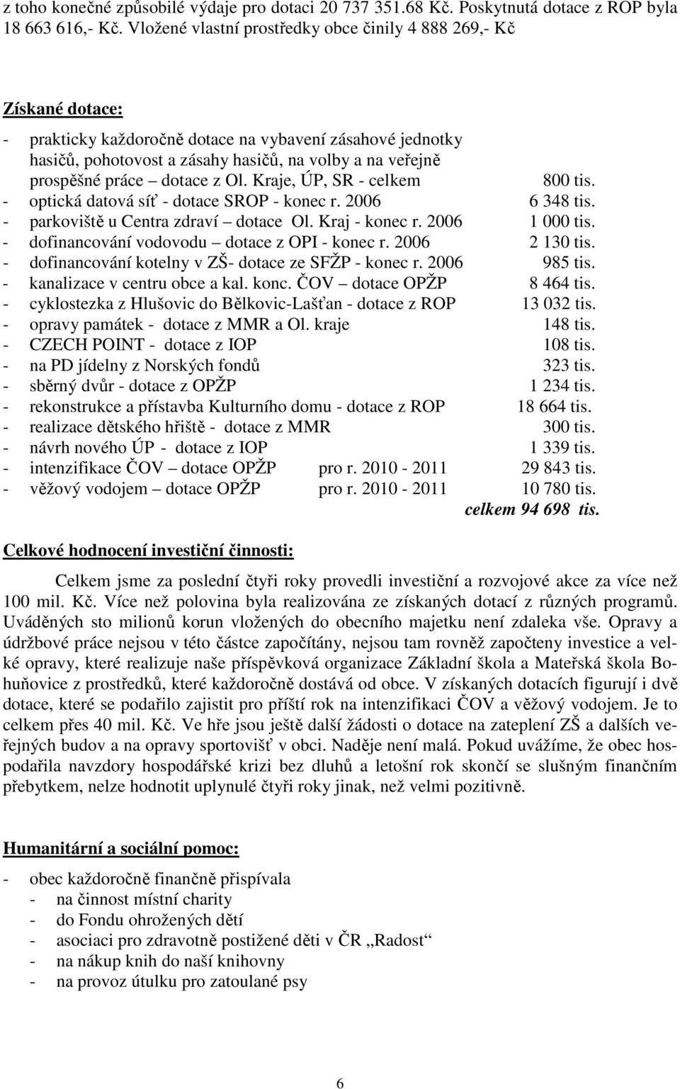 práce dotace z Ol. Kraje, ÚP, SR - celkem 800 tis. - optická datová síť - dotace SROP - konec r. 2006 6 348 tis. - parkoviště u Centra zdraví dotace Ol. Kraj - konec r. 2006 1 000 tis.