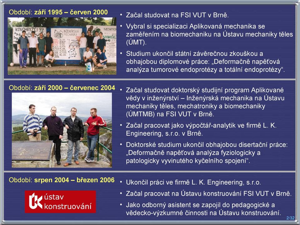 Období: září 2000 červenec 2004 Začal studovat doktorský studijní program Aplikované vědy v inženýrství Inženýrská mechanika na Ústavu mechaniky těles, mechatroniky a biomechaniky (ÚMTMB) na FSI VUT