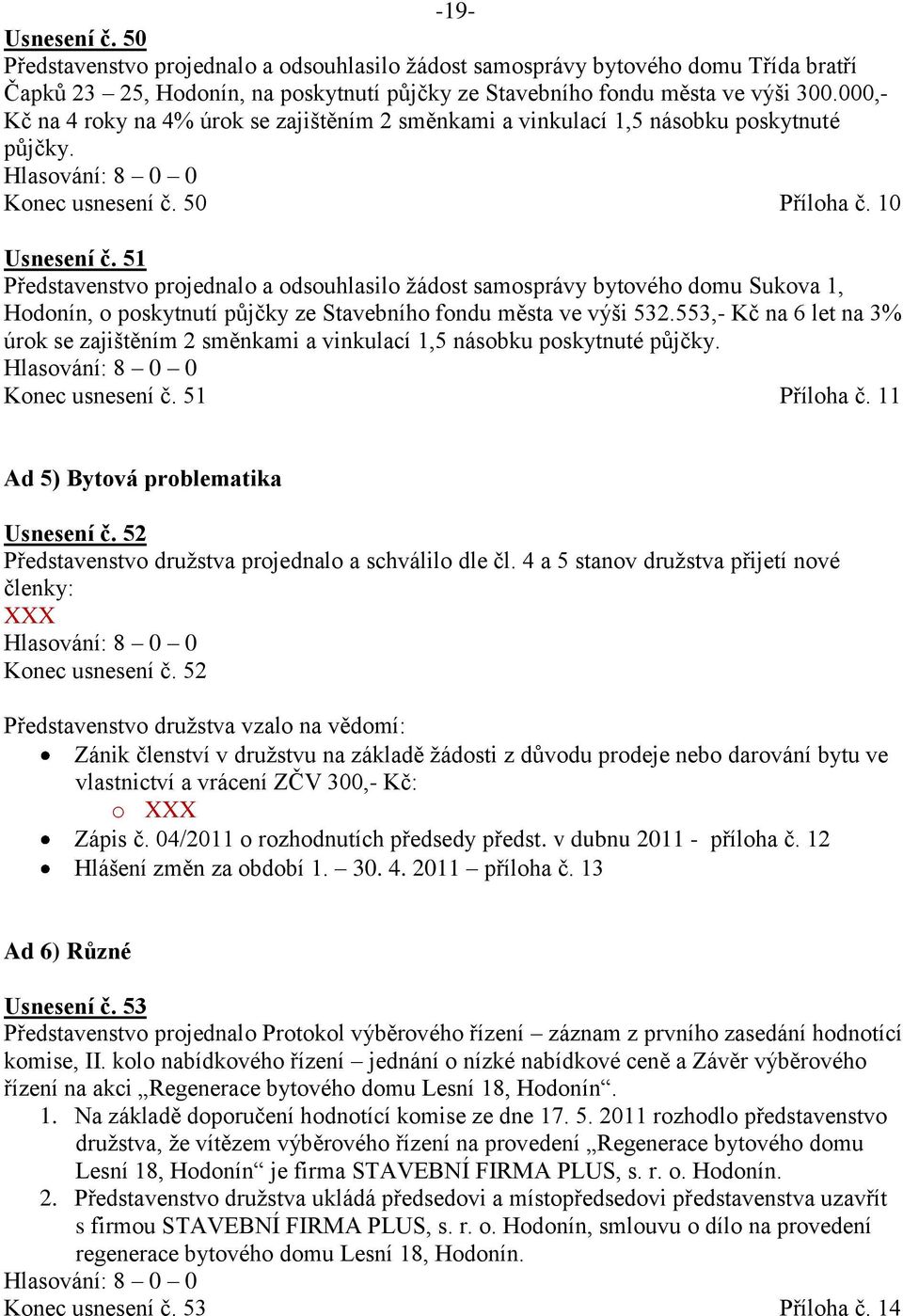 51 Představenstvo projednalo a odsouhlasilo žádost samosprávy bytového domu Sukova 1, Hodonín, o poskytnutí půjčky ze Stavebního fondu města ve výši 532.