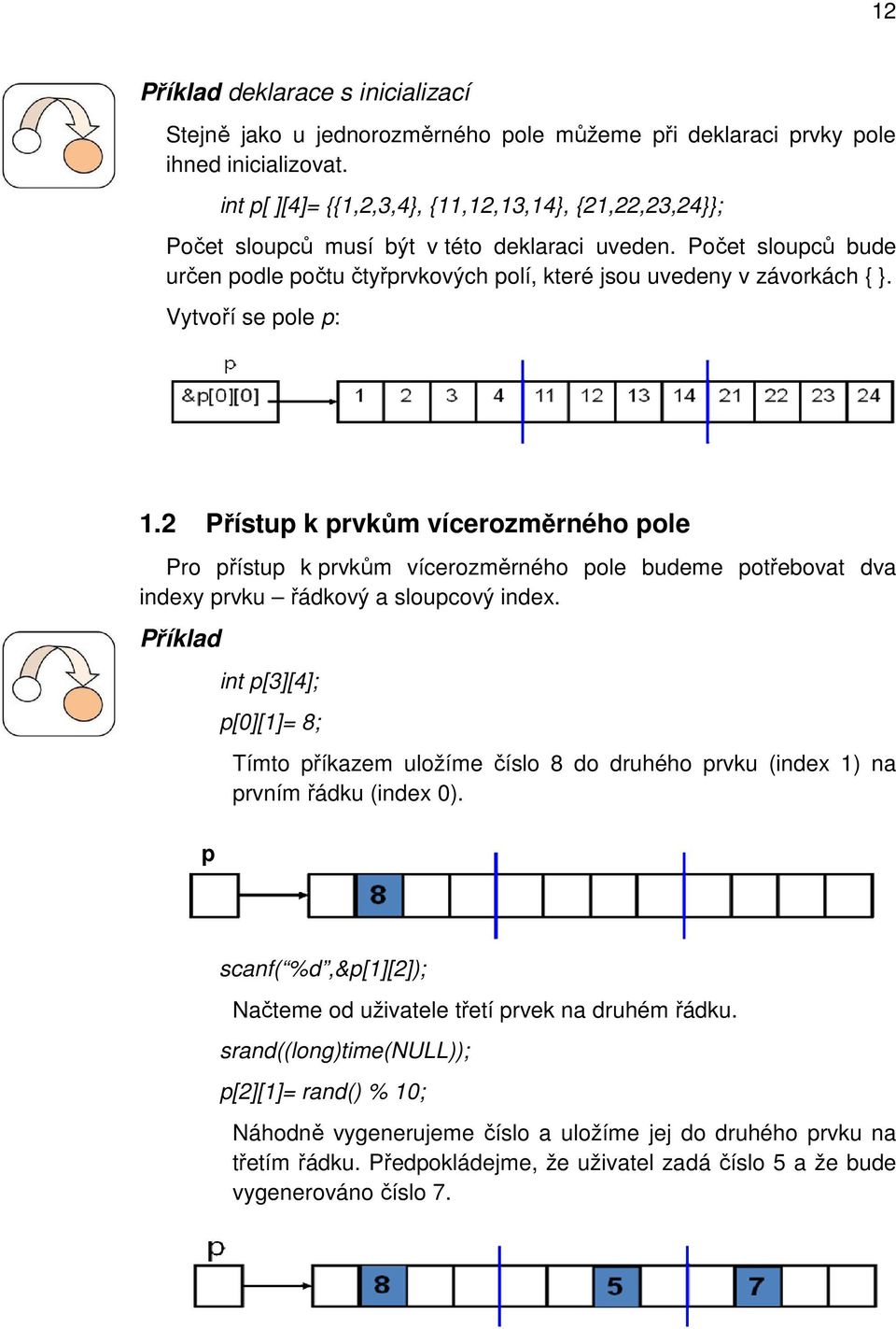 Vytvoří se pole p: 1.2 Přístup k prvkům vícerozměrného pole Pro přístup k prvkům vícerozměrného pole budeme potřebovat dva indexy prvku řádkový a sloupcový index.