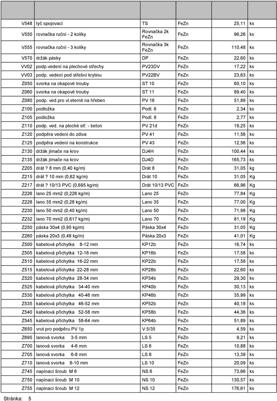 vedení pod střešní krytinu PV22BV FeZn 23,63 ks Z050 svorka na okapové trouby ST 10 FeZn 60,10 ks Z060 svorka na okapové trouby ST 11 FeZn 89,40 ks Z080 podp. ved.pro vl.