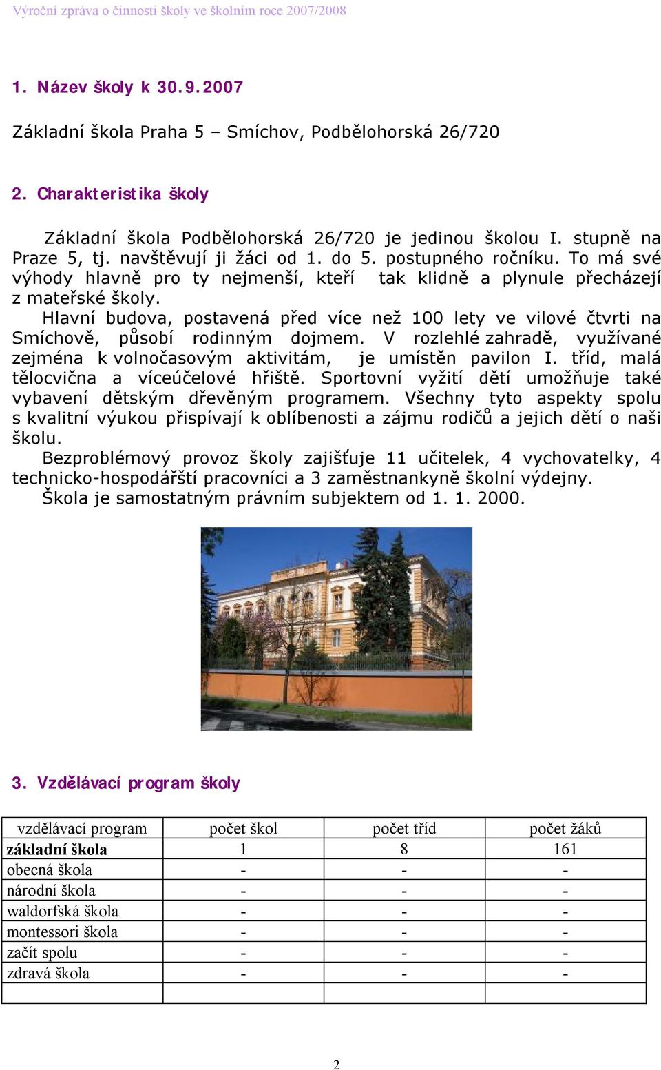 Hlavní budova, postavená před více než 100 lety ve vilové čtvrti na Smíchově, působí rodinným dojmem. V rozlehlé zahradě, využívané zejména k volnočasovým aktivitám, je umístěn pavilon I.