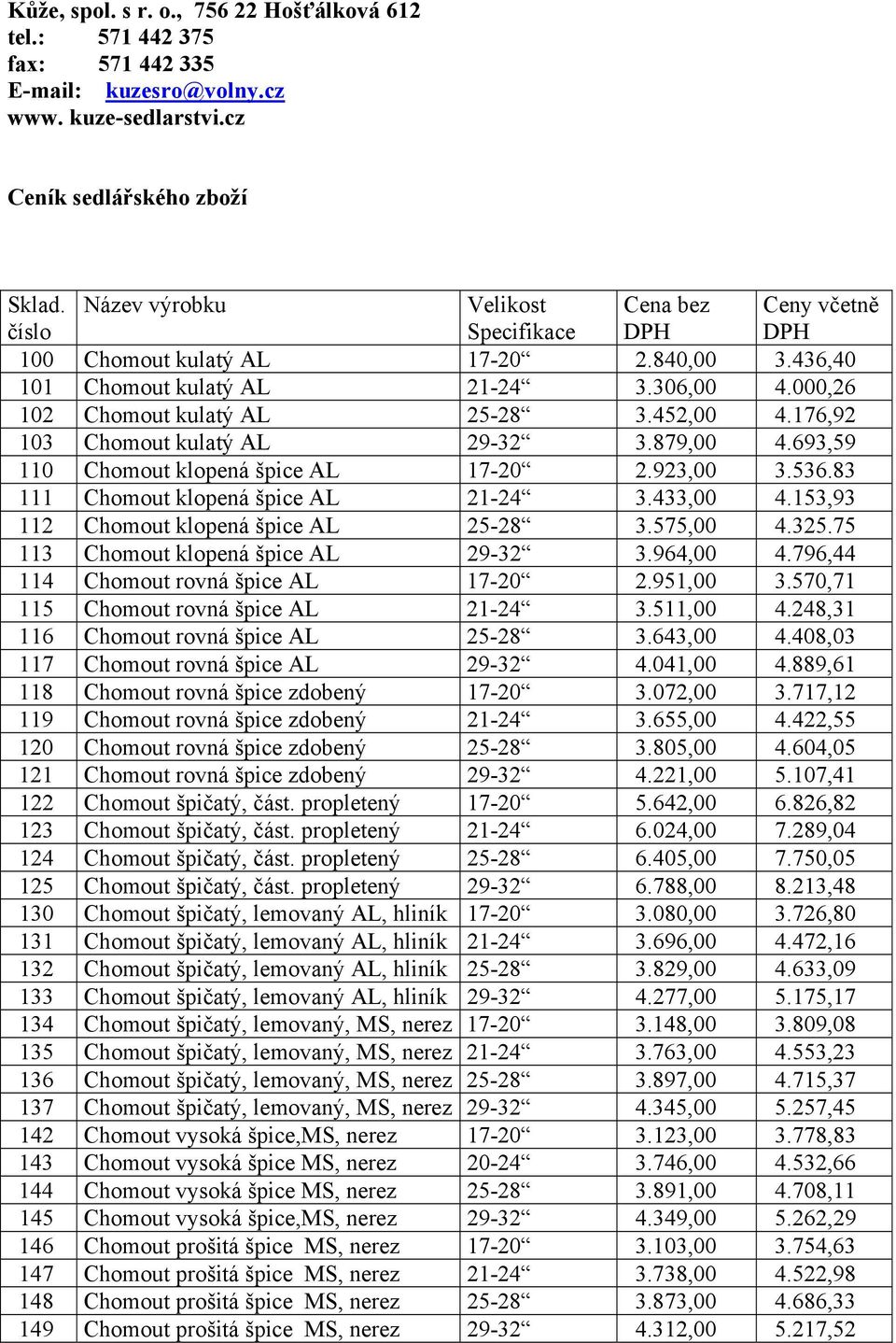 452,00 4.176,92 103 Chomout kulatý AL 29-32 3.879,00 4.693,59 110 Chomout klopená špice AL 17-20 2.923,00 3.536.83 111 Chomout klopená špice AL 21-24 3.433,00 4.