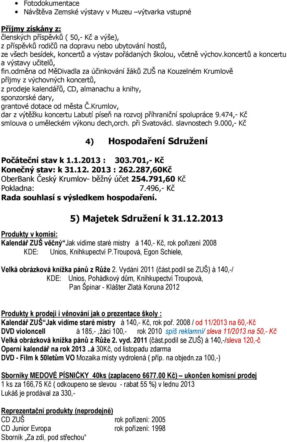 odměna od MěDivadla za účinkování žáků ZUŠ na Kouzelném Krumlově příjmy z výchovných koncertů, z prodeje kalendářů, CD, almanachu a knihy, sponzorské dary, grantové dotace od města Č.