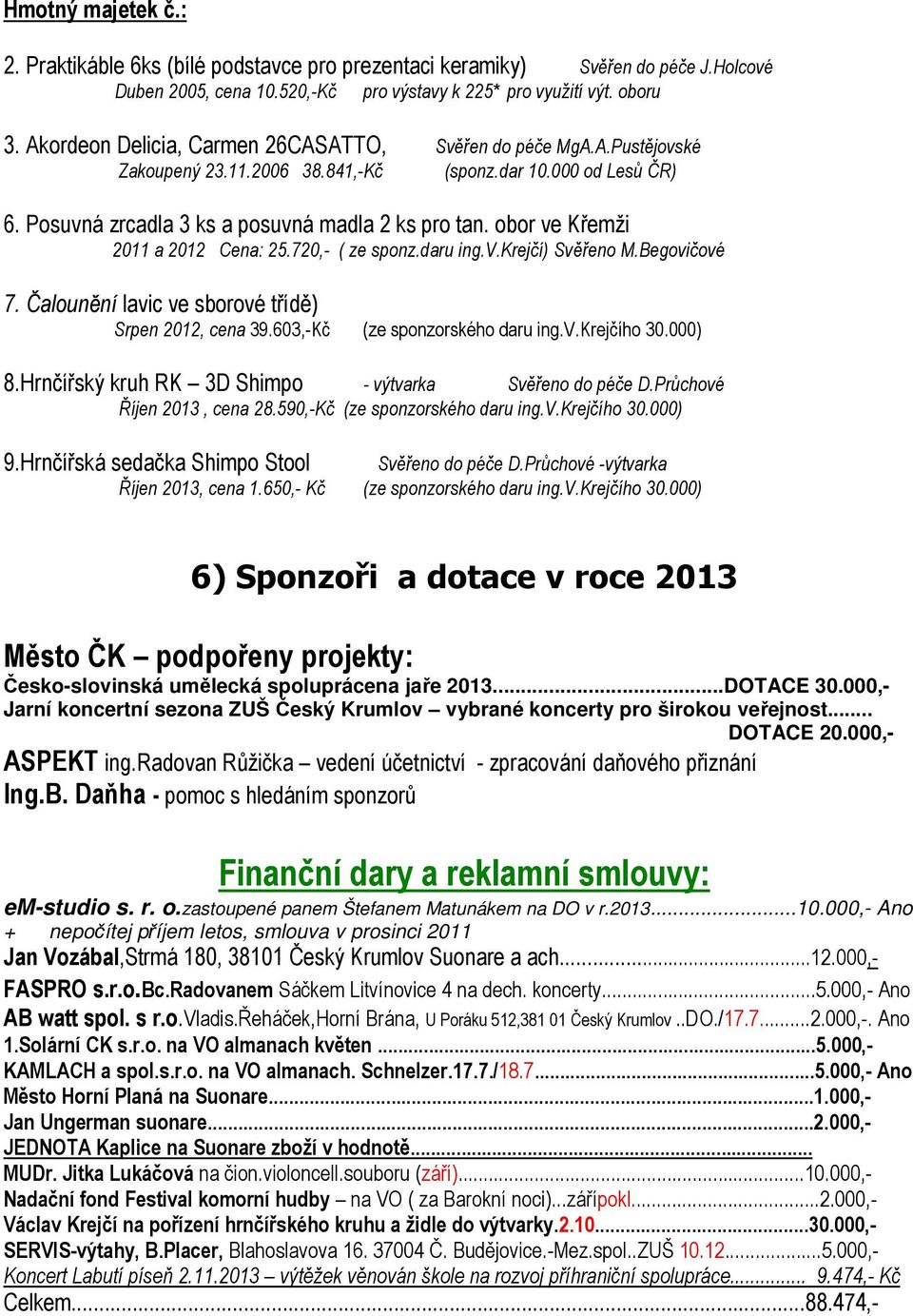 obor ve Křemži 2011 a 2012 Cena: 25.720,- ( ze sponz.daru ing.v.krejčí) Svěřeno M.Begovičové 7. Čalounění lavic ve sborové třídě) Srpen 2012, cena 39.603,-Kč (ze sponzorského daru ing.v.krejčího 30.