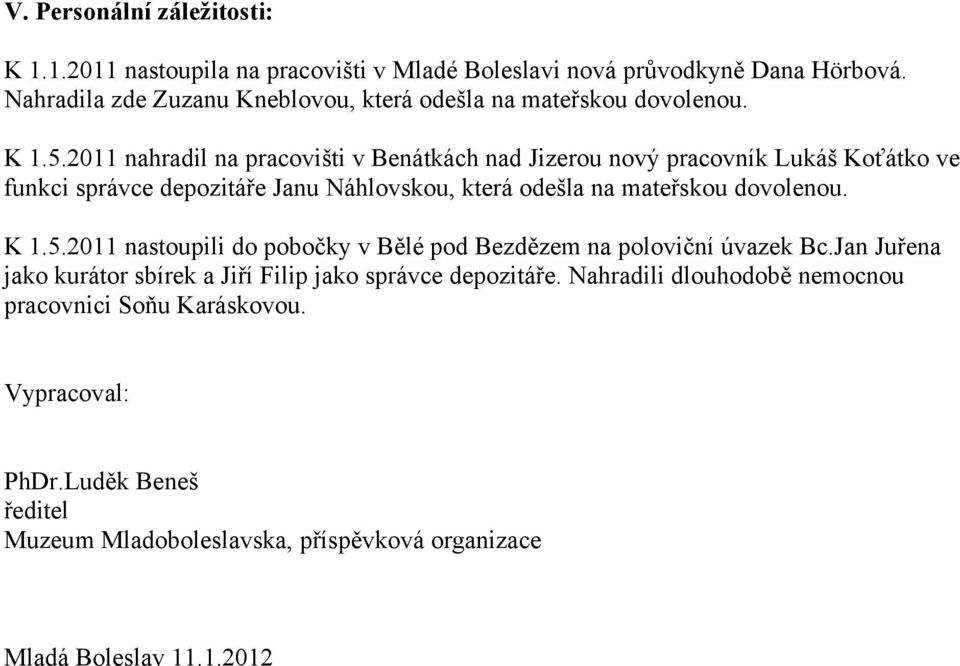 2011 nahradil na pracovišti v Benátkách nad Jizerou nový pracovník Lukáš Koťátko ve funkci správce depozitáře Janu Náhlovskou, která odešla na mateřskou dovolenou.