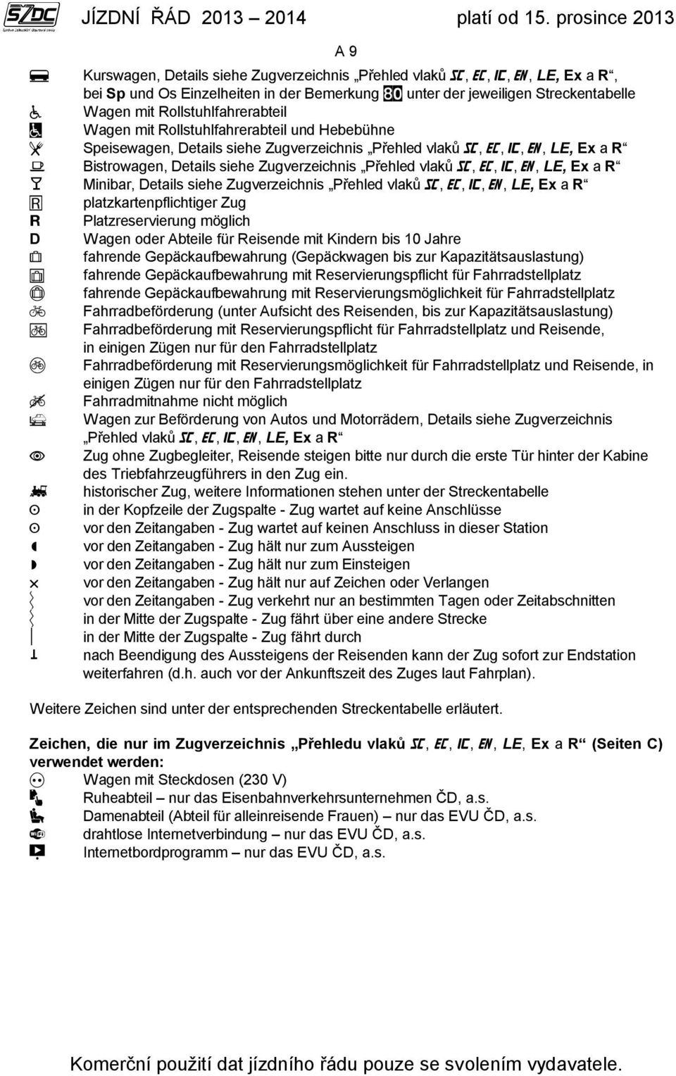 siehe Zugverzeichnis Přehled vlaků,,,, LE, Ex a R platzkartenpflichtiger Zug Platzreservierung möglich D Wagen oder Abteile für Reisende mit Kindern bis 10 Jahre fahrende Gepäckaufbewahrung