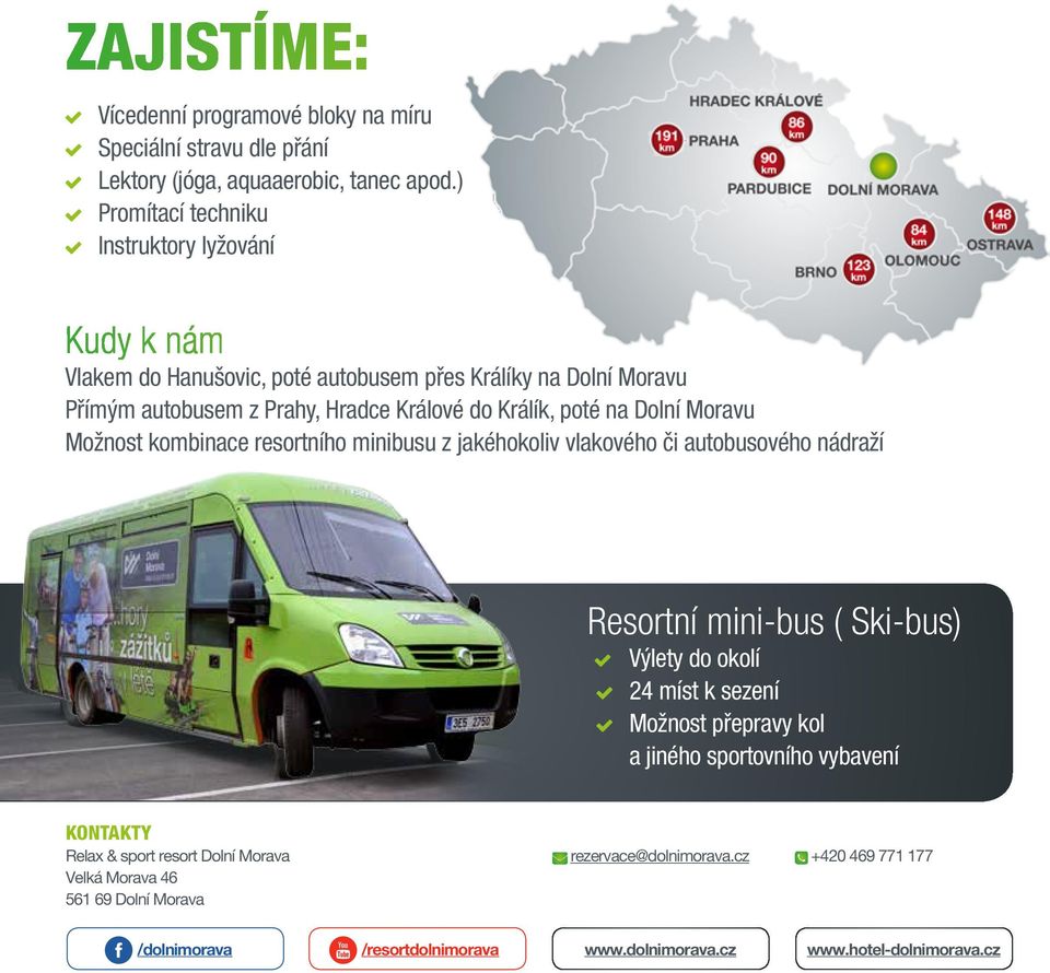 na Dolní Moravu Možnost kombinace resortního minibusu z jakéhokoliv vlakového či autobusového nádraží Resortní mini-bus ( Ski-bus) Výlety do okolí 24 míst k sezení Možnost