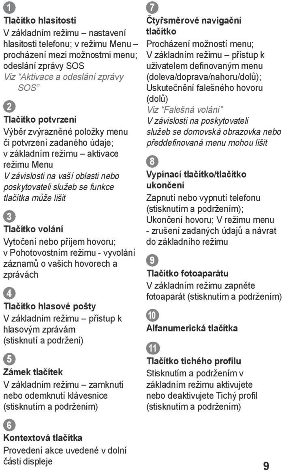 Vytočení nebo příjem hovoru; v Pohotovostním režimu - vyvolání záznamů o vašich hovorech a zprávách 4 Tlačítko hlasové pošty V základním režimu přístup k hlasovým zprávám (stisknutí a podržení) 5