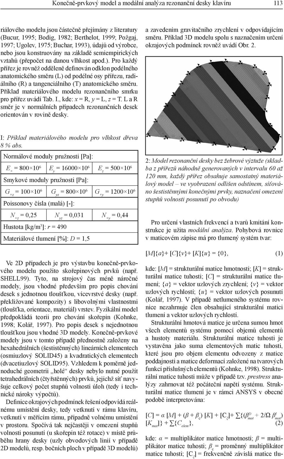 Příklad materiálového modelu rezonančního smrku pro přířez uvádí Tab. I., kde: x = R, y = L, z = T. L a R směr je v normálních případech rezonančních desek orientován v rovině desky.