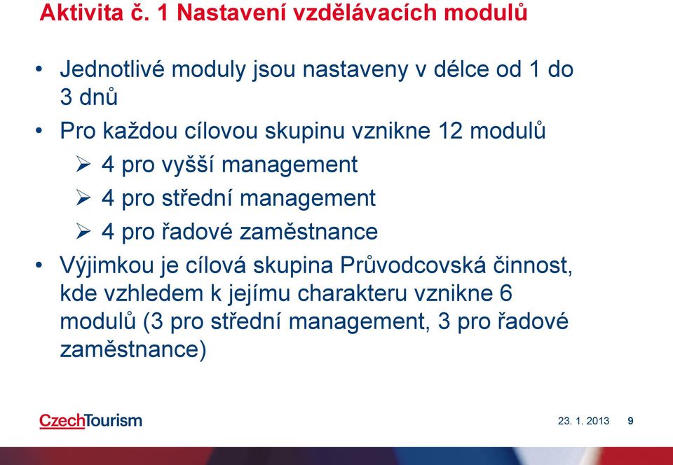 každou cílovou skupinu vznikne 12 modulů 4 pro vyšší management 4 pro střední management 4