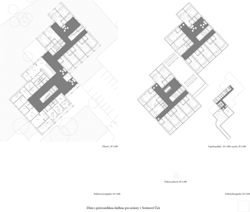 REHABILITACE ZÁSOBOVÁNÍ PARKING TĚLOCVIČNA ODPOČINEK Přízemí, M 1:200 Typické podlaží, M 1:200; suterén, M 1:500 Půdorys