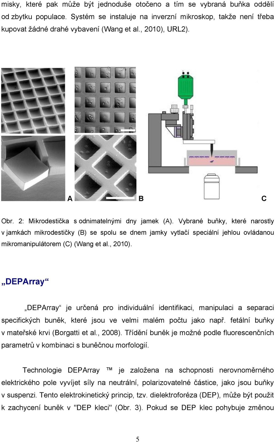 Vybrané buňky, které narostly v jamkách mikrodestičky (B) se spolu se dnem jamky vytlačí speciální jehlou ovládanou mikromanipulátorem (C) (Wang et al., 2010).