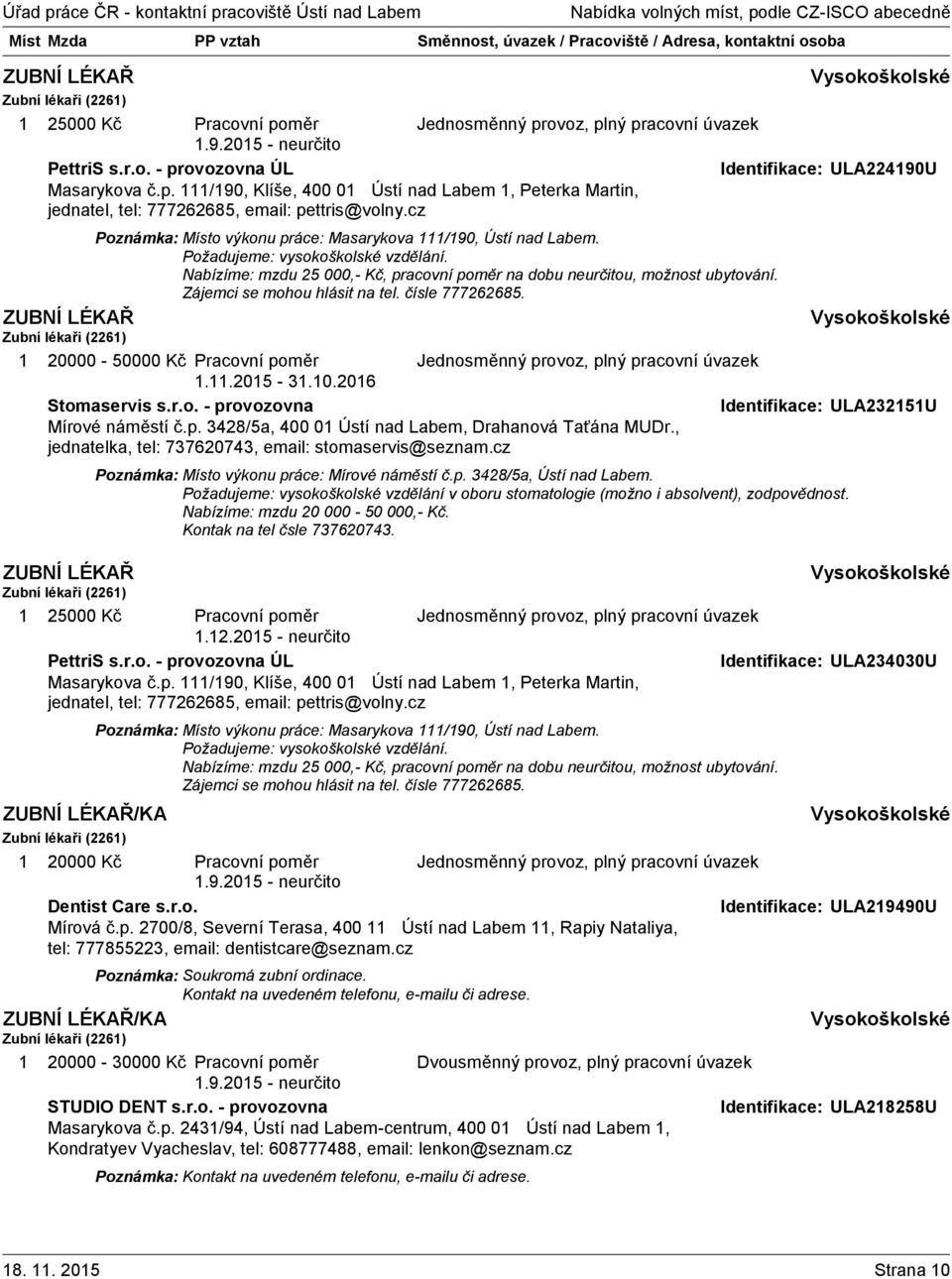 Zájemci se mohou hlásit na tel. čísle 777262685. ZUBNÍ LÉKAŘ Zubní lékaři (226) 20000-50000 Kč Pracovní poměr..205-3.0.206 Stomaservis s.r.o. - provozovna Identifikace: ULA2325U Mírové náměstí č.p. 3428/5a, 400 0 Ústí nad Labem, Drahanová Taťána MUDr.