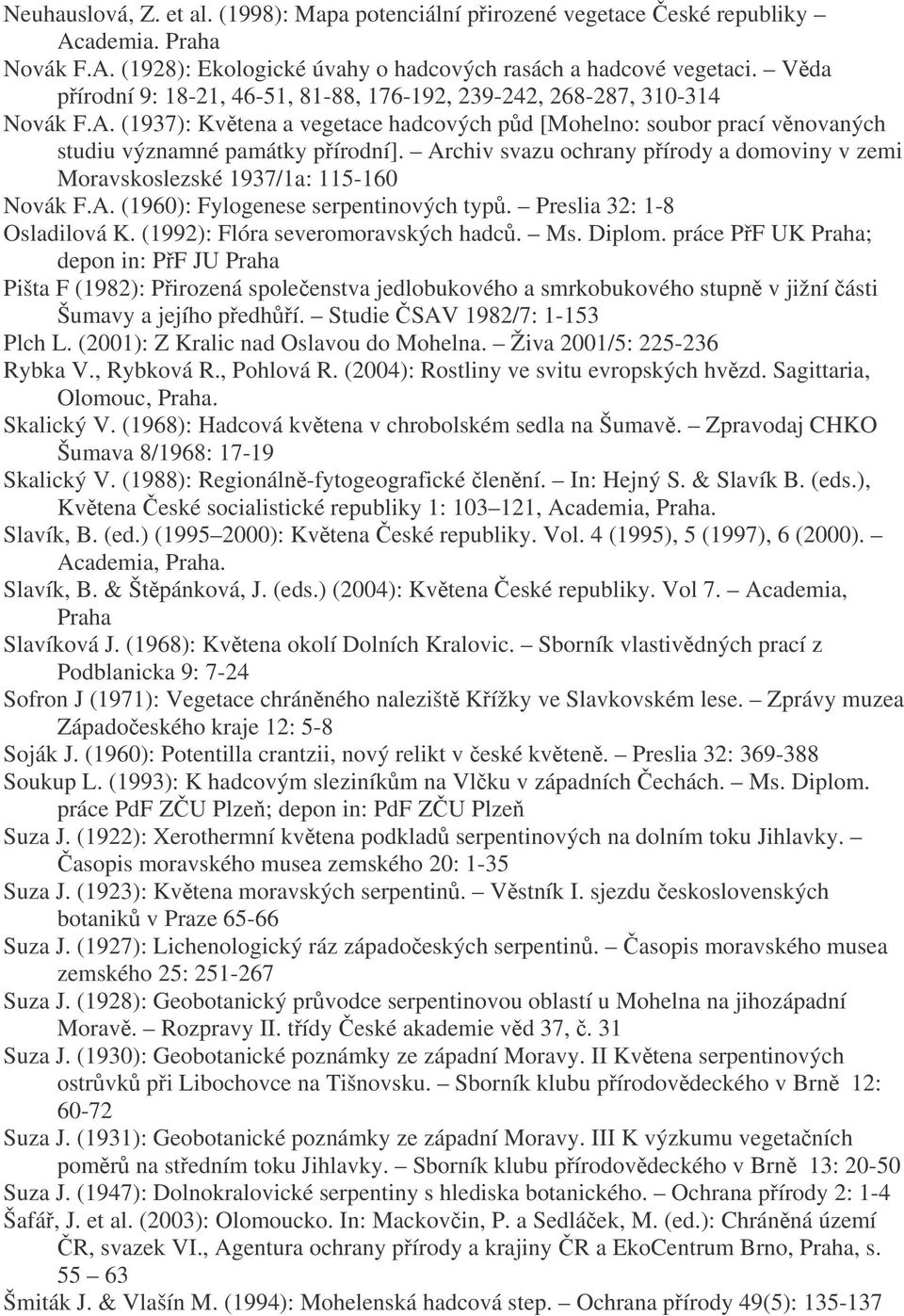 Archiv svazu ochrany pírody a domoviny v zemi Moravskoslezské 1937/1a: 115-160 Novák F.A. (1960): Fylogenese serpentinových typ. Preslia 32: 1-8 Osladilová K. (1992): Flóra severomoravských hadc. Ms.