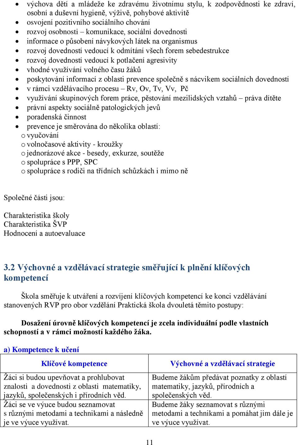 využívání volného času žáků poskytování informací z oblasti prevence společně s nácvikem sociálních dovedností v rámci vzdělávacího procesu Rv, Ov, Tv, Vv, Pč využívání skupinových forem práce,