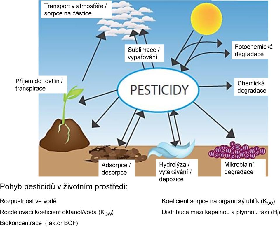 vytěkávání / depozice Mikrobiální degradace Rozpustnost ve vodě Rozdělovací koeficient oktanol/voda (K OW )