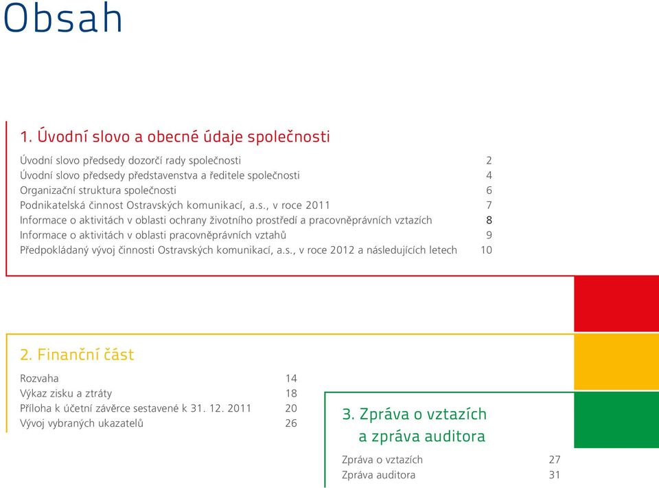 společnosti 6 Podnikatelská činnost Ostravských komunikací, a.s., v roce 2011 7 Informace o aktivitách v oblasti ochrany životního prostředí a pracovněprávních vztazích 8 Informace