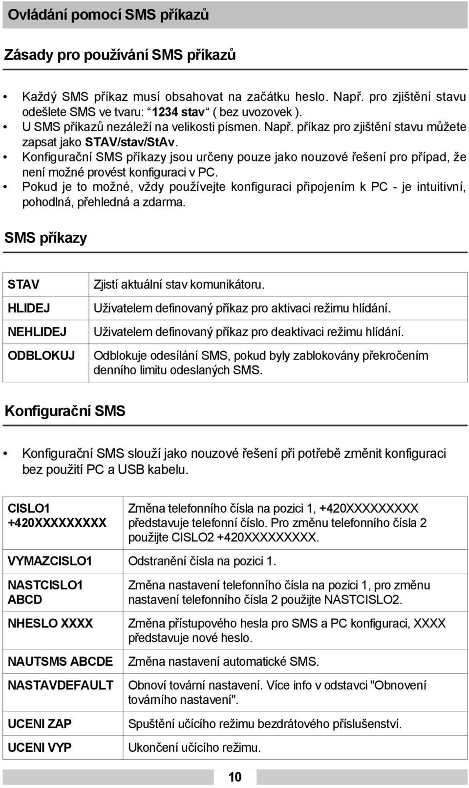 Konfigurační SMS příkazy jsou určeny pouze jako nouzové řešení pro případ, že není možné provést konfiguraci v PC.