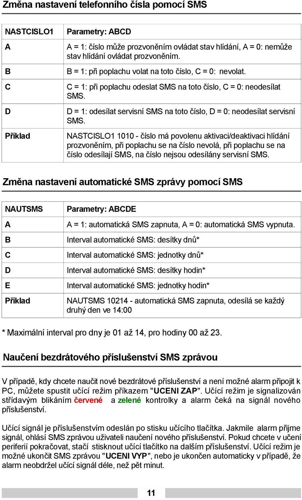 D D = 1: odesílat servisní SMS na toto číslo, D = 0: neodesílat servisní SMS.