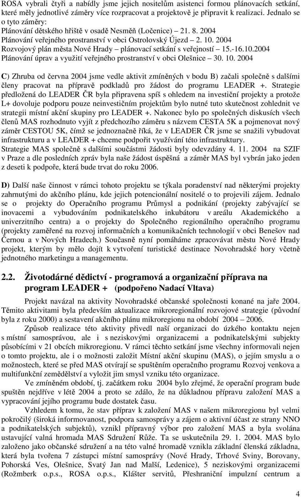 2004 Rozvojový plán města Nové Hrady plánovací setkání s veřejností 15.-16.10.2004 Plánování úprav a využití veřejného prostranství v obci Olešnice 30. 10.