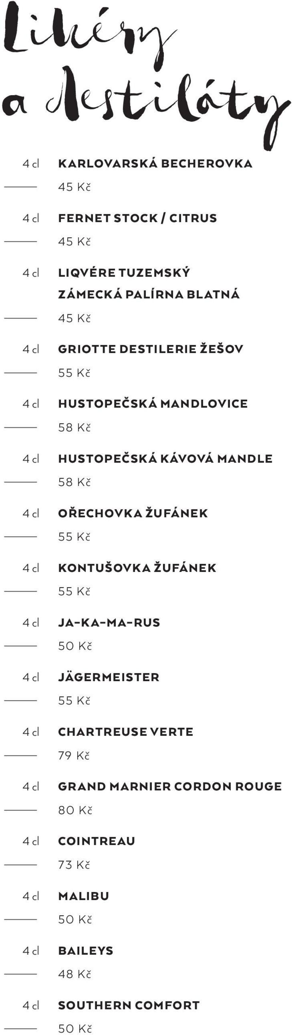 MANDLE 58 Kč 4 cl OŘECHOVKA ŽUFÁNEK 4 cl KONTUŠOVKA ŽUFÁNEK 4 cl JA KA MA RUS 4 cl JÄGERMEISTER 4 cl CHARTREUSE