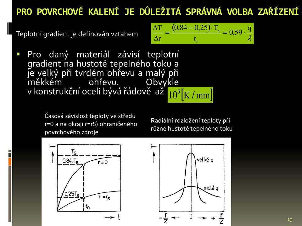 Obvykle v konstrukční oceli bývá řádově až 0,84 0,25 r 10 5 K / s mm T s 0,59 q Časová závislost teploty ve