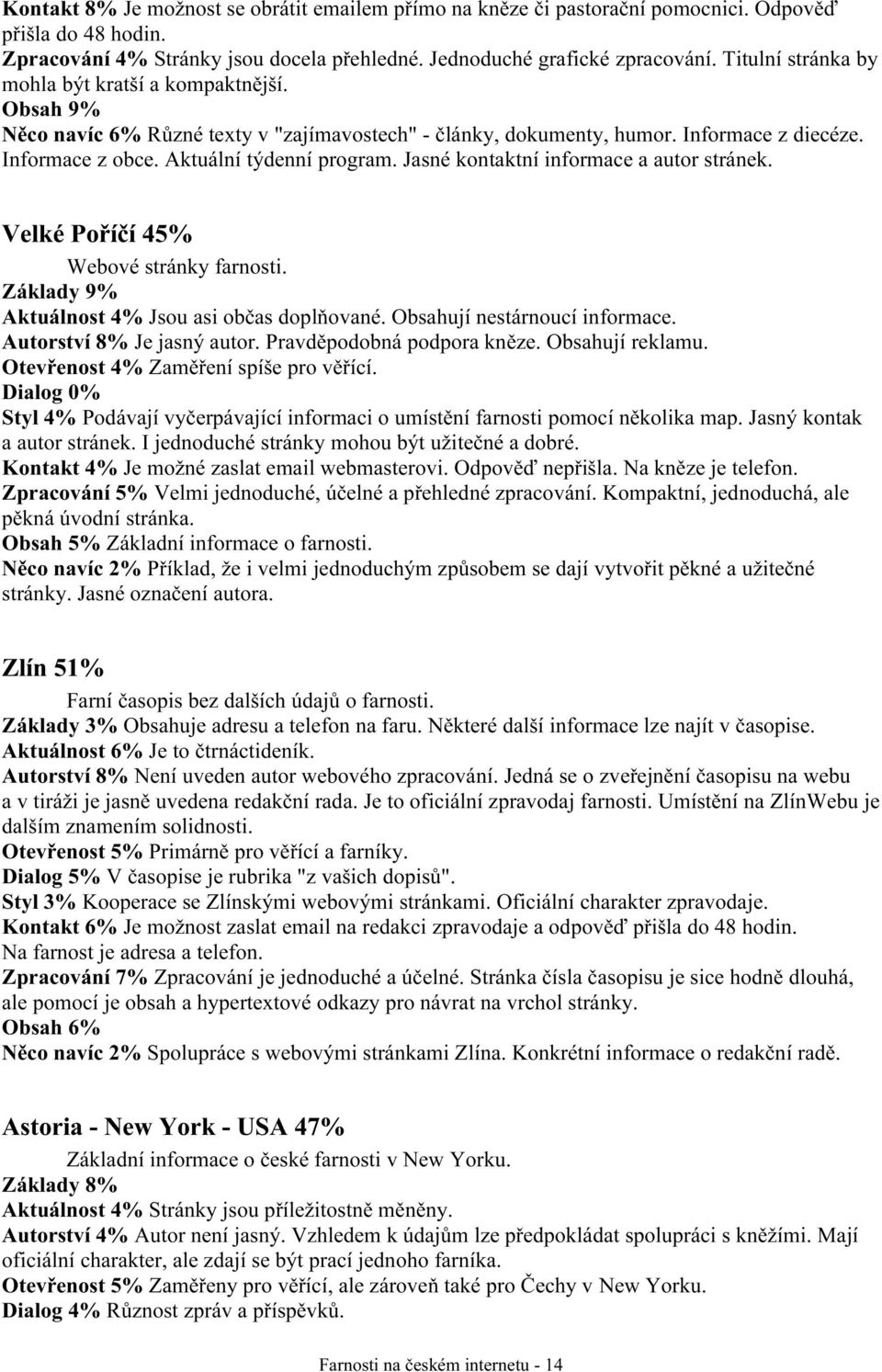 Jasné kontaktní informace a autor stránek. Velké Poříčí 45% Webové stránky farnosti. Základy 9% Aktuálnost 4% Jsou asi občas doplňované. Obsahují nestárnoucí informace. Autorství 8% Je jasný autor.