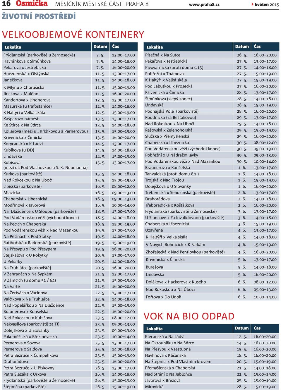 00 Jirsíkova x Malého 11. 5. 16.00 20.00 Kandertova x Lindnerova 12. 5. 13.00 17.00 Mazurská (u trafostanice) 12. 5. 14.00 18.00 K Haltýři x Velká skála 12. 5. 15.00 19.00 Kašparovo náměstí 13. 5. 13.00 17.00 Ke Stírce x Na Stírce 13.