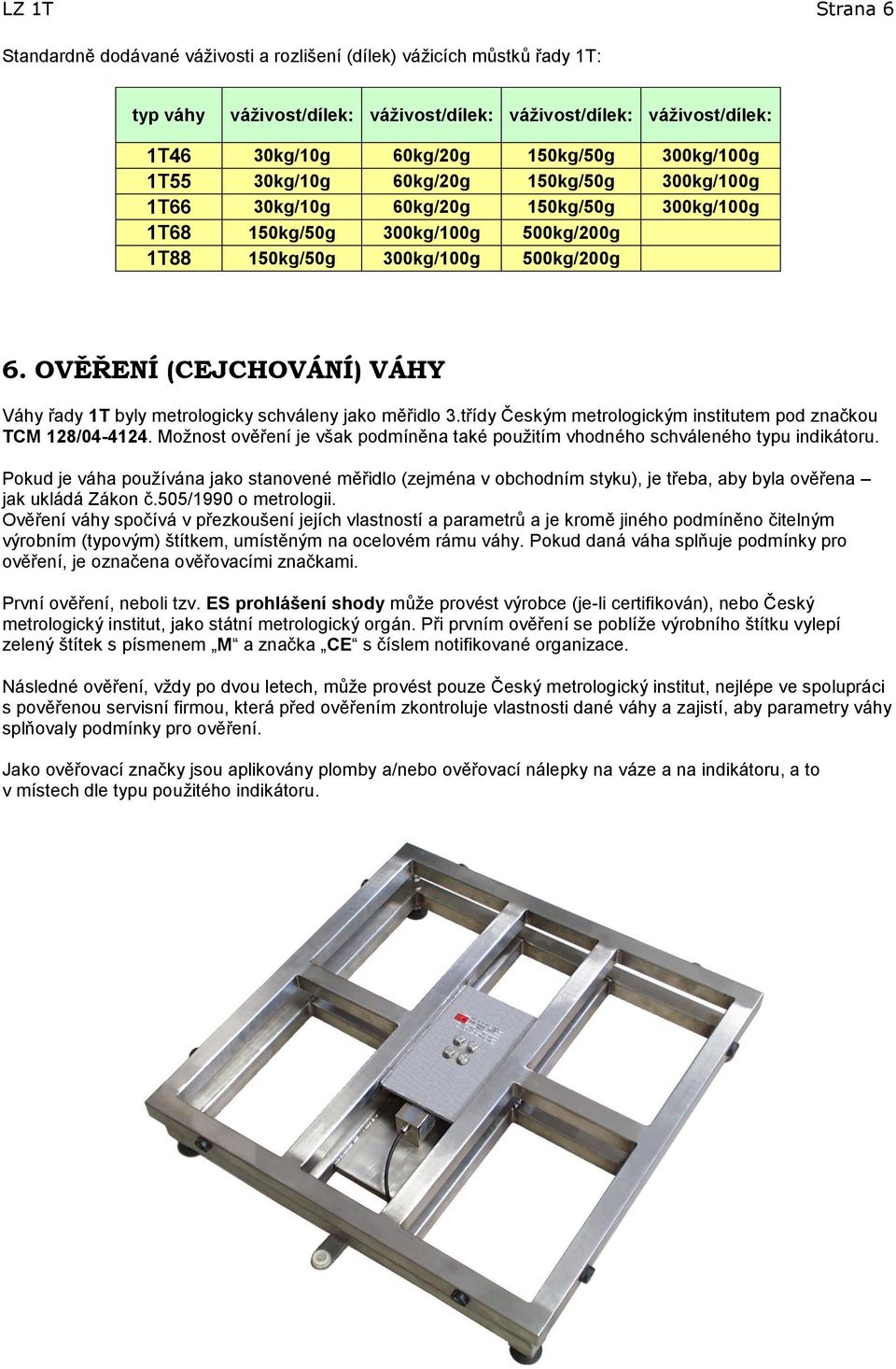 OVĚŘENÍ (EJHOVÁNÍ) VÁHY Váhy řady 1T byly metrologicky schváleny jako měřidlo 3.třídy Českým metrologickým institutem pod značkou TM 128/04-4124.