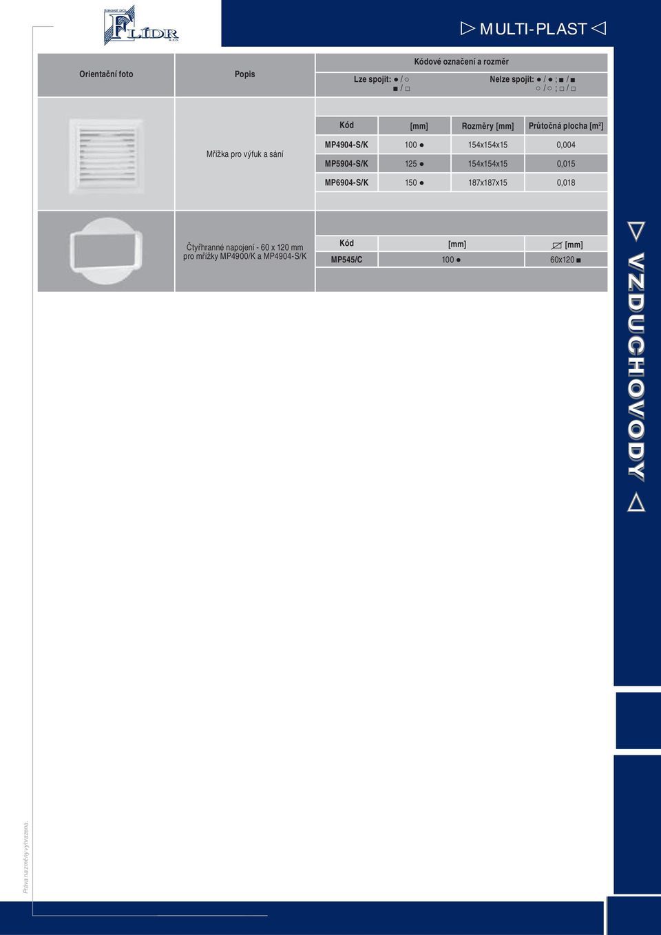 0,015 MP6904-S/K 150 187x187x15 0,018 Čtyřhranné napojení - 60 x