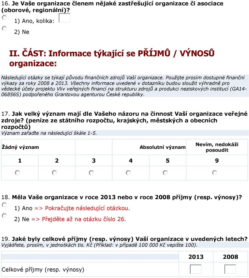 Všechny informace uvedené v dotazníku budou sloužit výhradně pro vědecké účely projektu Vliv veřejných financí na strukturu zdrojů a produkci neziskových institucí (GA14-06856S) podpořeného Grantovou