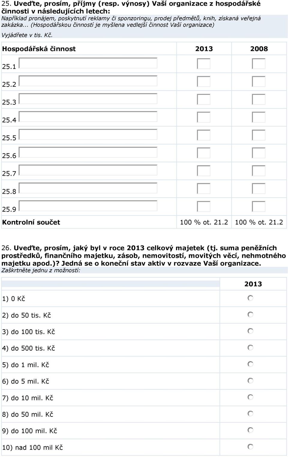 .. (Hospodářskou činností je myšlena vedlejší činnost Vaší organizace) Vyjádřete v tis. Kč. Hospodářská činnost 25.1 25.2 25.3 25.4 25.5 25.6 25.7 25.8 25.9 Kontrolní součet 100 % ot. 21.2 100 % ot.