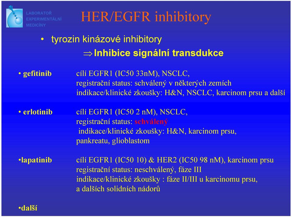 registrační status: schválený indikace/klinické zkoušky: H&N, karcinom prsu, pankreatu, glioblastom cílí EGFR1 (IC50 10) & HER2 (IC50 98 nm),