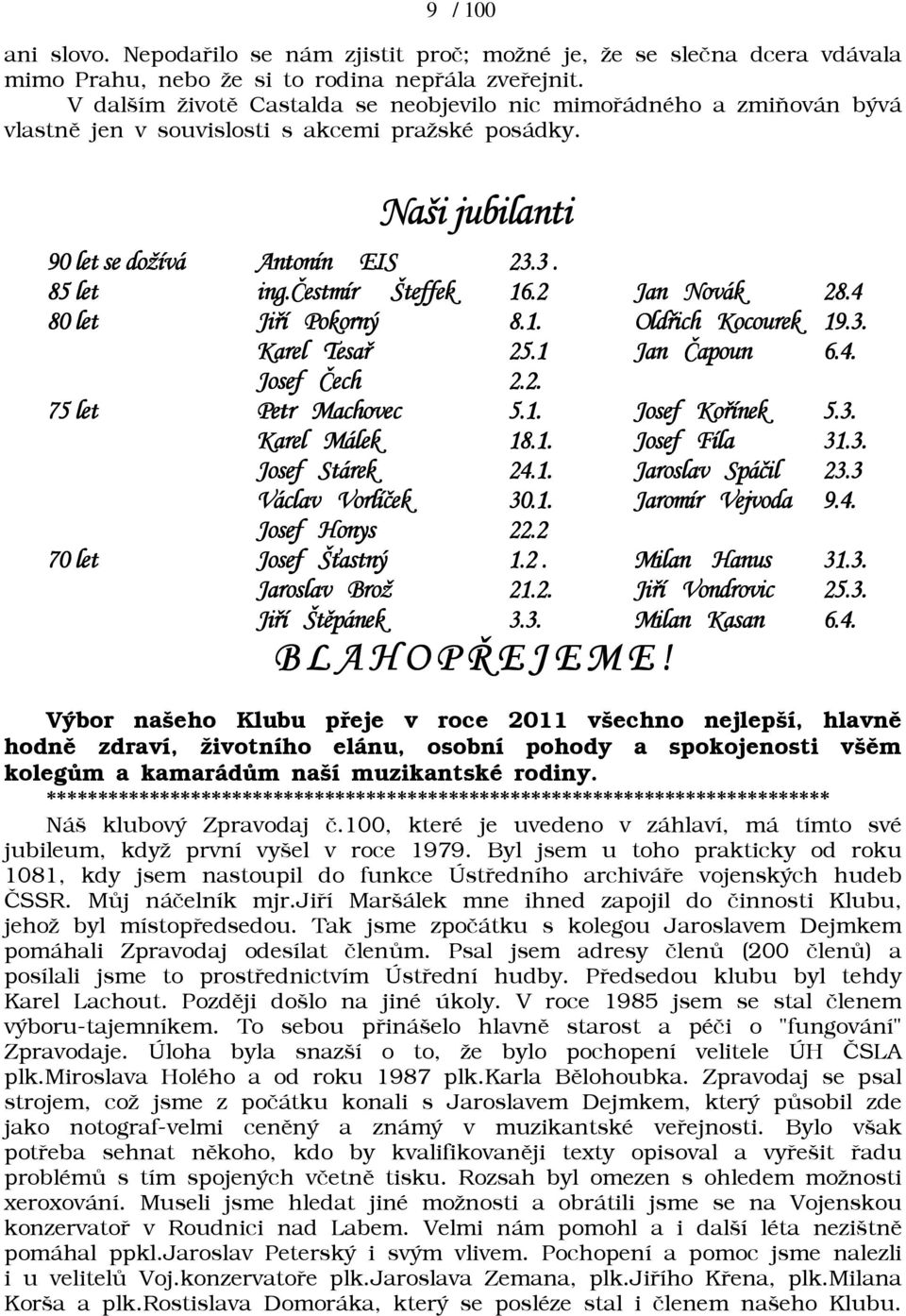 čestmír Šteffek 16.2 Jan Novák 28.4 80 let Jiří Pokorný 8.1. Oldřich Kocourek 19.3. Karel Tesař 25.1 Jan Čapoun 6.4. Josef Čech 2.2. 75 let Petr Machovec 5.1. Josef Kořínek 5.3. Karel Málek 18.1. Josef Fíla 31.