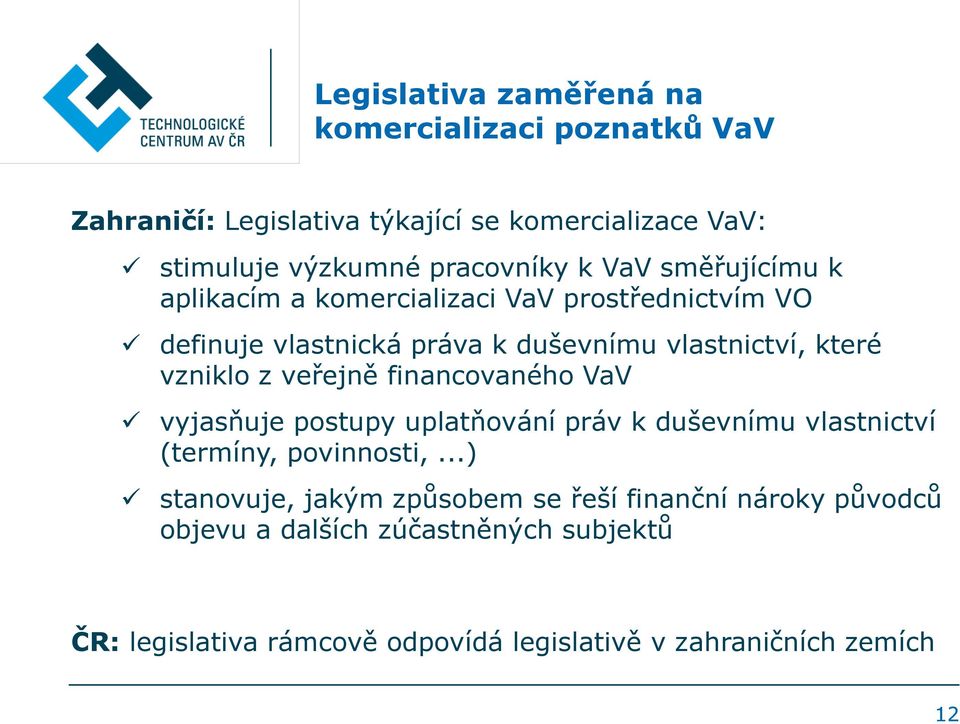 veřejně financovaného VaV vyjasňuje postupy uplatňování práv k duševnímu vlastnictví (termíny, povinnosti,.