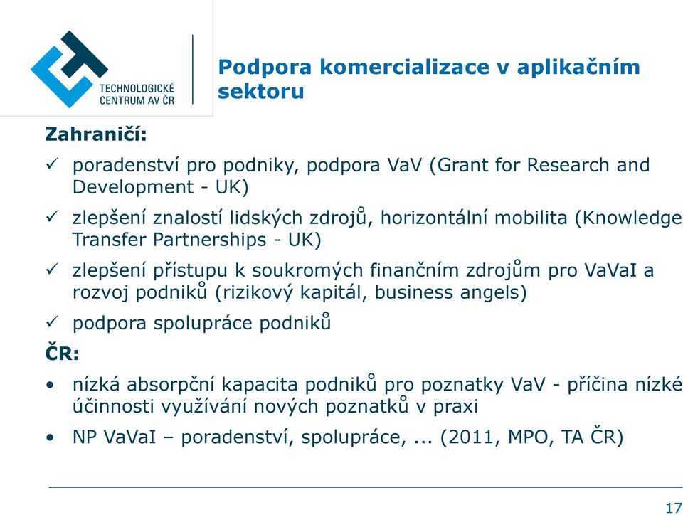 finančním zdrojům pro VaVaI a rozvoj podniků (rizikový kapitál, business angels) podpora spolupráce podniků ČR: nízká absorpční