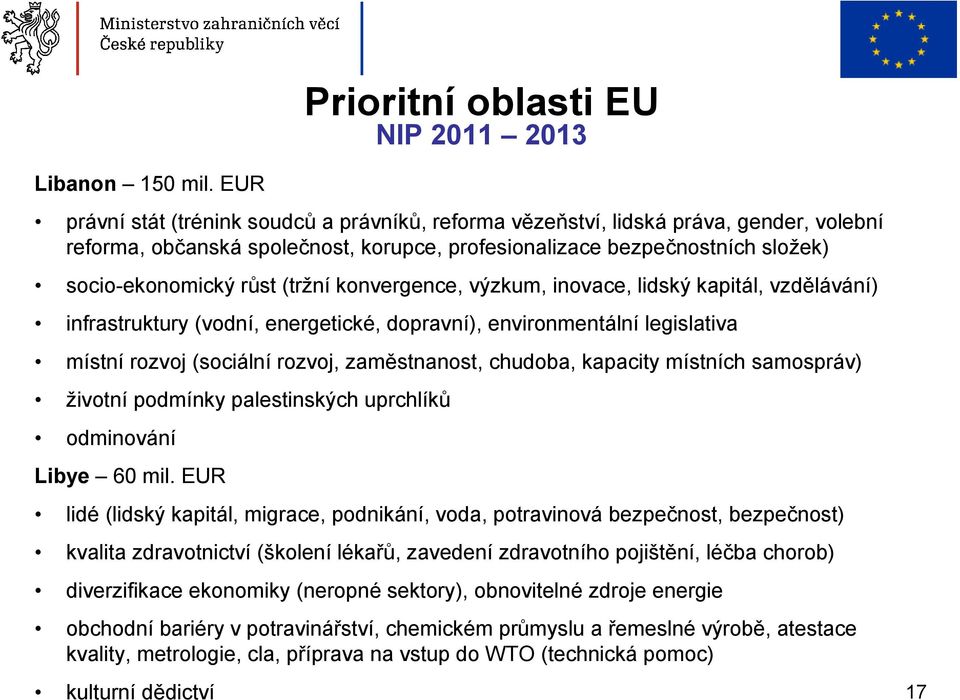 (tržní konvergence, výzkum, inovace, lidský kapitál, vzdělávání) infrastruktury (vodní, energetické, dopravní), environmentální legislativa místní rozvoj (sociální rozvoj, zaměstnanost, chudoba,