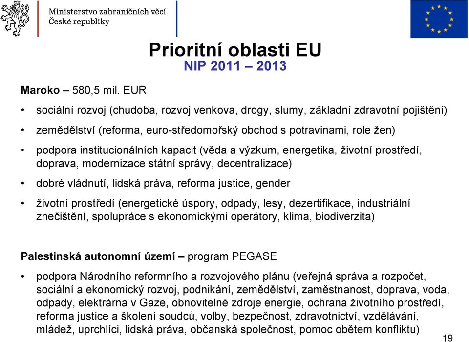 (věda a výzkum, energetika, životní prostředí, doprava, modernizace státní správy, decentralizace) dobré vládnutí, lidská práva, reforma justice, gender životní prostředí (energetické úspory, odpady,