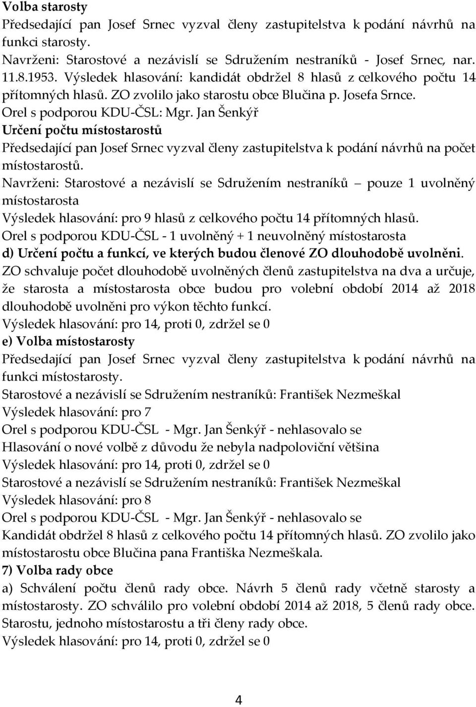 Jan Šenkýř Určení počtu místostarostů Předsedající pan Josef Srnec vyzval členy zastupitelstva k podání návrhů na počet místostarostů.