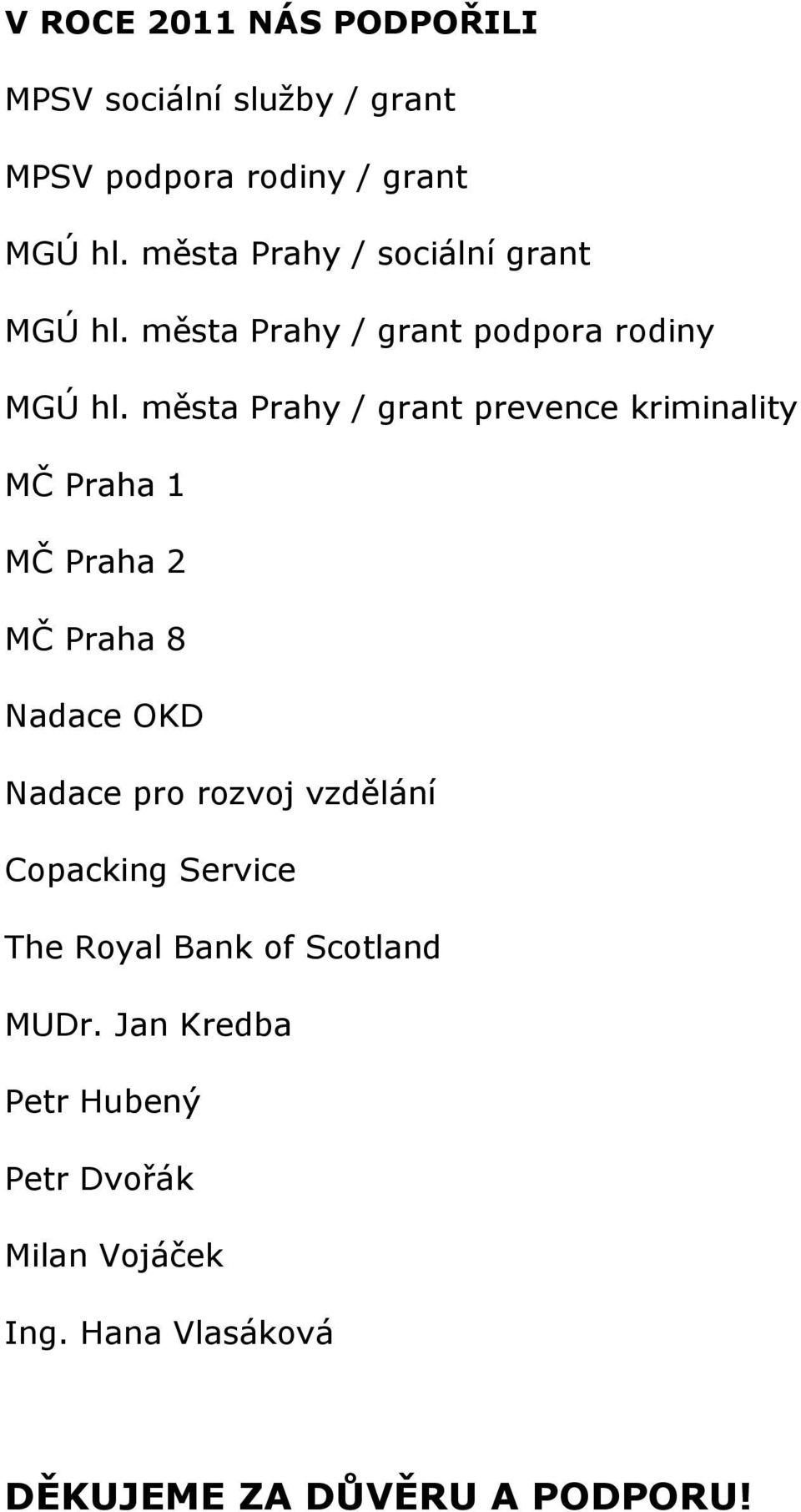 města Prahy / grant prevence kriminality MČ Praha 1 MČ Praha 2 MČ Praha 8 Nadace OKD Nadace pro rozvoj